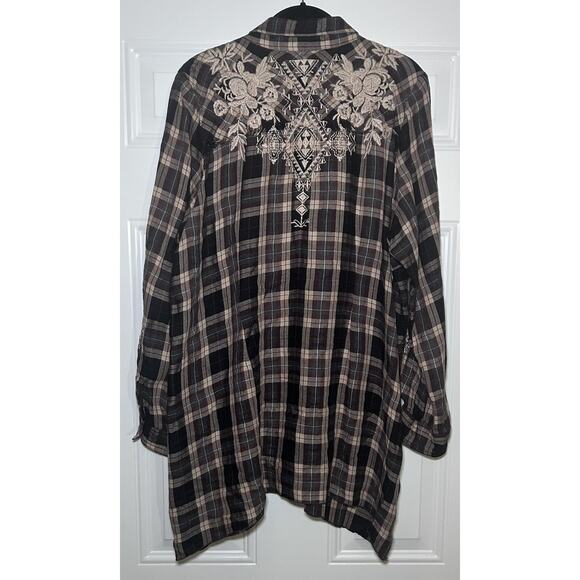 Johnny Was Tunic Top Blouse 3J Workshop Plaid Embroidered Button-Down Size XL - Picture 2 of 8